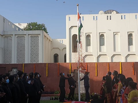 Indian Consul General Dr Aman Puri unfurls the Indian flag at the Consulate General in Dubai to mark the 74th Independence Day.