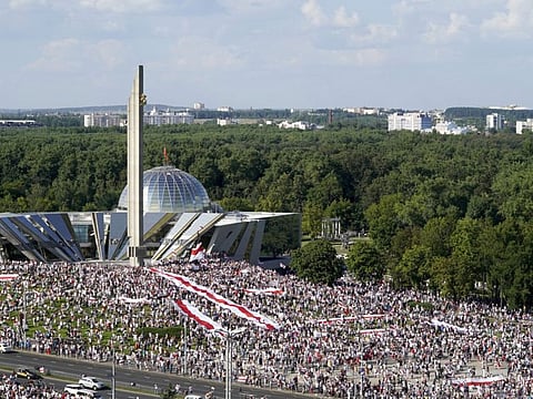 Belarusian opposition supporters rally in the centre of Minsk, Belarus, August 16, 2020.