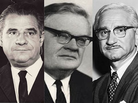 US virology expert Dr. Albert Sabin (right), with Russian counterparts, Dr. Mikhail Chumakov (left) and Dr. Anatoli Smorodintsev (centre).