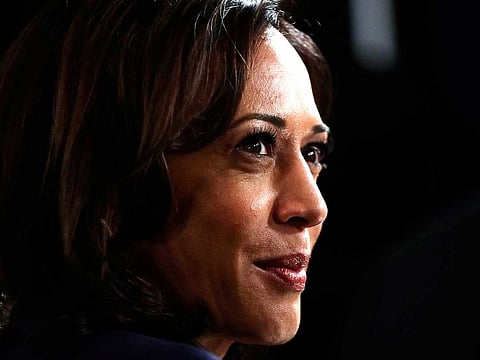 Senator Kamala Harris speaks to the media in the spin room following the Democratic presidential primary debate hosted by ABC on the campus of Texas Southern University in Houston on September 12, 2019.