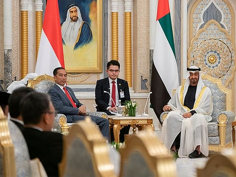 His Highness Shaikh Mohammad Bin Zayed Al Nahyan, Crown Prince of Abu Dhabi and Deputy Supreme Commander of the UAE Armed Forces, and Joko Widodo, President of Indonesia (left), witness an MoU exchange ceremony during a reception at Qasr Al Watan in Abu Dhabi in January