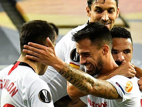 Sevilla's Suso celebrates scoring the leveller against Manchester United