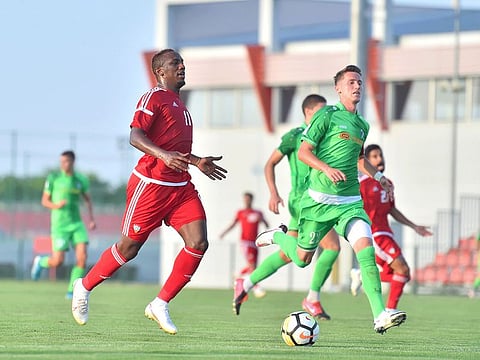 UAE team (red) in action during a practice match in Serbia in August. The Whites squandered a one-goal lead to go down to Bahrain in a friendly on Monday.