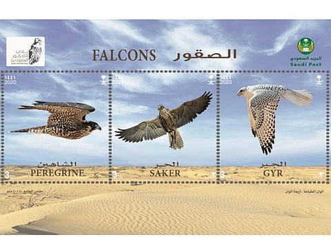 The 3 riyal stamp features famous falcons and is issued in coordination with the Saudi Falconry Club.