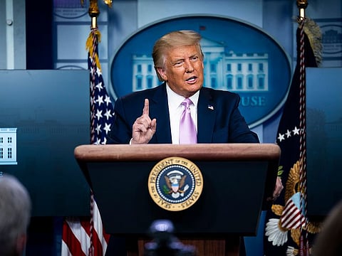 US President Donald Trump addresses a news conference at the White House in Washington, Aug. 19, 2020.