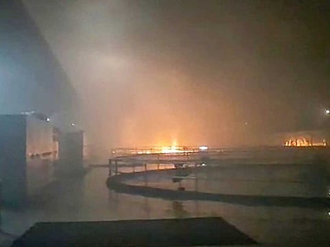 Smoke billows from a fire at Srisailam Left Bank Power Station (SLBP), in Kurnool district, Thursday night, Aug. 20, 2020.