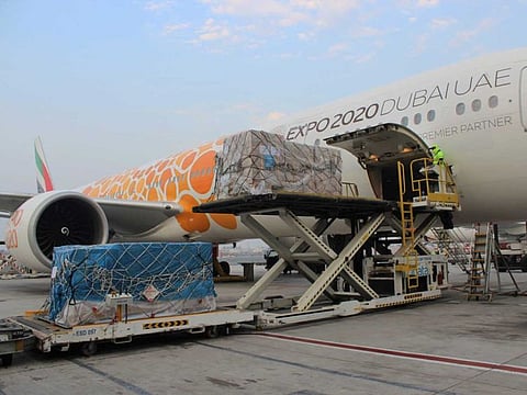 Two Emirates SkyCargo aircraft, chartered by IHC, left Dubai International Airport with the aid supplies carrying about 30 metric tonnes of aid.