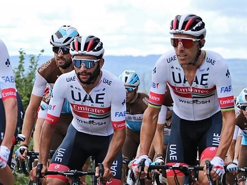 UAE Team Emirates riders Fernando Gaviria and Rui Costa