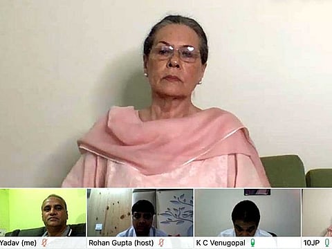 Congress Interim party president Sonia Gandhi attends the Congress Working Committee's virtual meeting, in New Delhi on Monday.