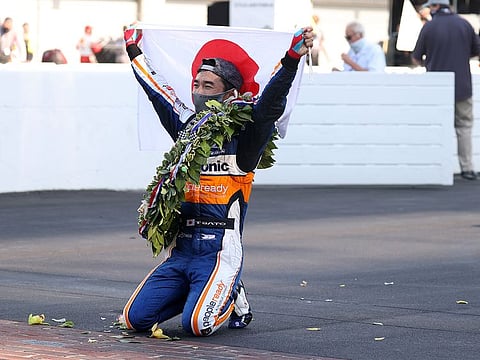 Takuma Sato celebrates his Indy 500 win