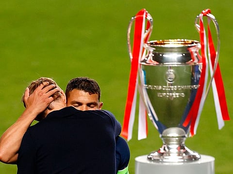Thiago Silva is consoled after PSG lost the Champions League final to Bayern Munich