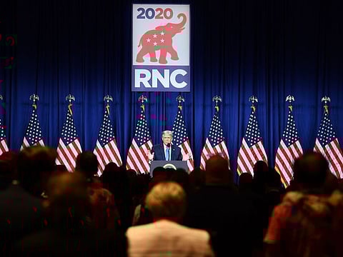 US President Donald Trump speaks as delegates gather during the first day of the Republican National Convention on August 24, 2020, in Charlotte, North Carolina