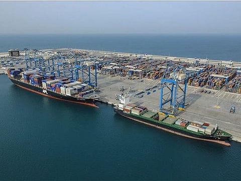 A view of KIZAD, the integrated trade, logistics and industrial hub of Abu Dhabi, UAE>