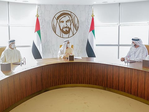 Sheikh Mohammed attends the meeting with Sheikh Mansour Bin Zayed and Al Gergawi to review preparations for the new school year.