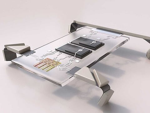 A computer generated image shows a microscopic four-legged robot.