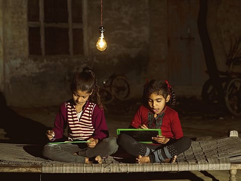 Girls studying at a village in India. The collaboration will promote innovation in global humanitarian and development response by identifying, co-funding and upscaling innovative solutions.