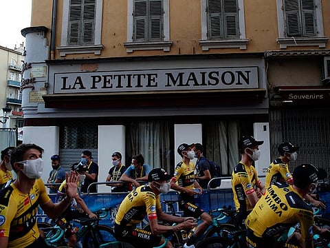 Team Jumbo-Visma riders arrive for the 107th Tour de France team presentation in Nice
