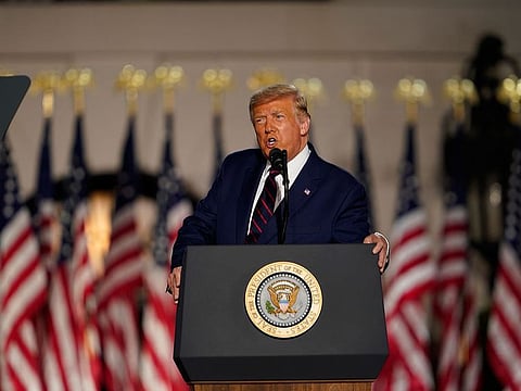 President Donald Trump accepts the Republican presidential nomination during the final night of the Republican National Convention, on the South Lawn of the White House in Washington, on Thursday, Aug. 27, 2020.