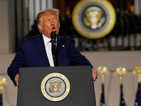 US President Donald Trump accepts the Republican presidential nomination during the final night of the Republican National Convention, on the South Lawn of the White House in Washington, on August 27, 2020.