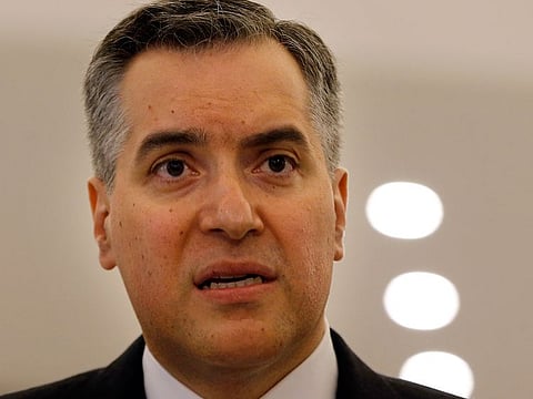 Lebanese Prime Minister-Designate Mustapha Adib speaks to journalists at the Presidential Palace in Baabda, east of Beirut, Lebanon, Monday, Aug. 31, 2020.