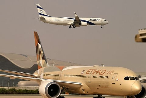 Israel's El Al airline landing on the tarmac in the first-ever commercial flight from Israel to the UAE at the Abu Dhabi airport on Monday afternoon