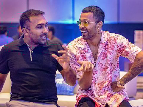 Head coach M Jayawardene (left) and player Hardik Pandya of Mumbai Indians at St Regis hotel in Abu Dhabi, on August 30, 2020.