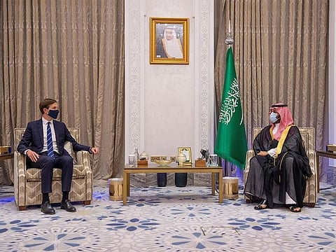 Jared Kushner with Mohammed bin Salman on an earlier visit to Saudi Arabia.