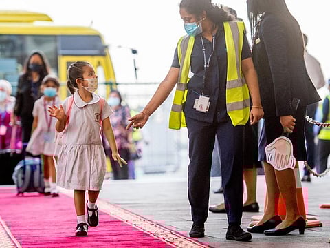 Children return to school at the Gems New Millennium School Al Khail last week.