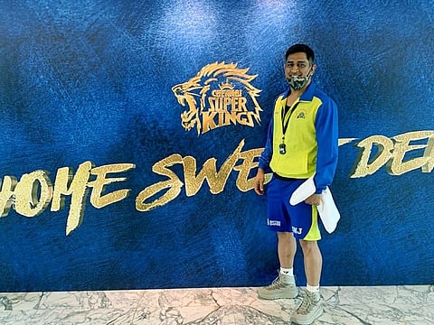 Chennai Super Kings captain MS Dhoni beams as he heads off for training in Dubai.