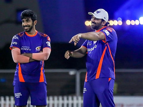 Jasprit Bumrah (left) with Zaheer Khan during nets.
