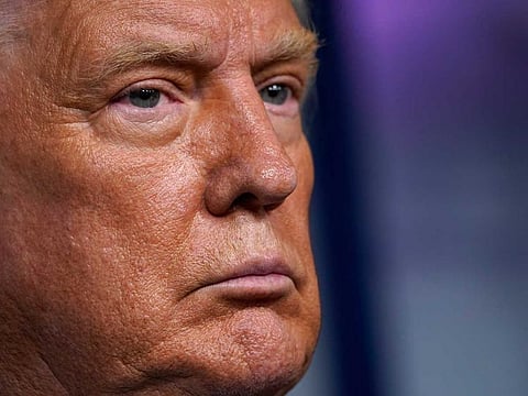 US President Donald Trump listens during a news conference in the James Brady Press Briefing Room at the White House on Sept. 4, 2020, in Washington.