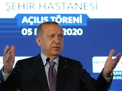 Turkey's President Recep Tayyip Erdogan speaks at a hospital's opening ceremony, in Istanbul, on September 5, 2020. Erdogan on Saturday warned Greece to enter talks over disputed eastern Mediterranean territorial claims or face the consequences.