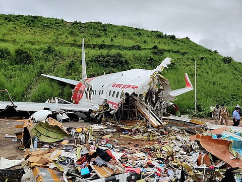 Wreckage of the Air India Express jet that crashed at Calicut International Airport in Karipur, Kerala, on August 8, 2020.