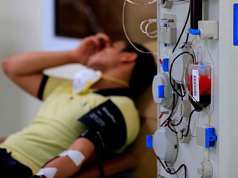 An Egyptian man who recovered from COVID-19 donates blood at the National Blood Transfusion centre in Cairo.
