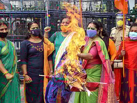 BJP Mahila Morcha activists demand the resignation of Kerala Health Minister KK Shailaja during a protest over the alleged rape of a COVID-19 patient in Aranmula, in Thiruvananthapuram, Monday, Sept. 7, 2020.