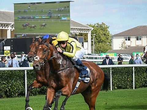 Latest Generation, in yellow silks of Sheikh Rashid Dalmouk Al Maktoum, wins the British Stallion Studs EBF Maiden Stakes.