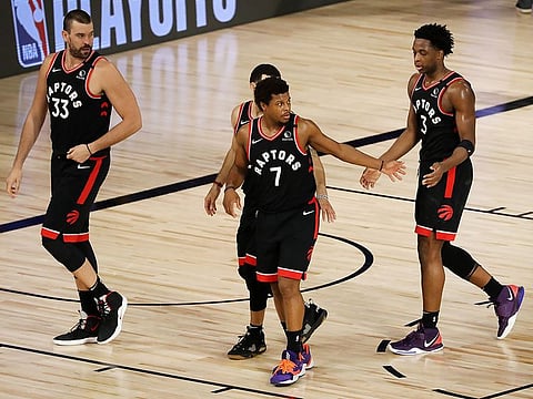 Kyle Lowry of the Toronto Raptors reacts after their win against the Boston Celtics.