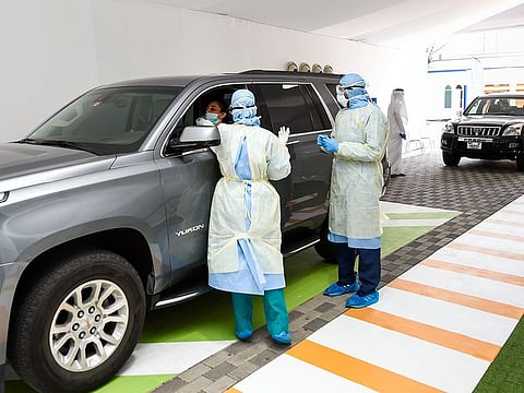 File photo: Drive Through COVID-19 Screening Station by Dubai Health Authority at Al Nasr club.
