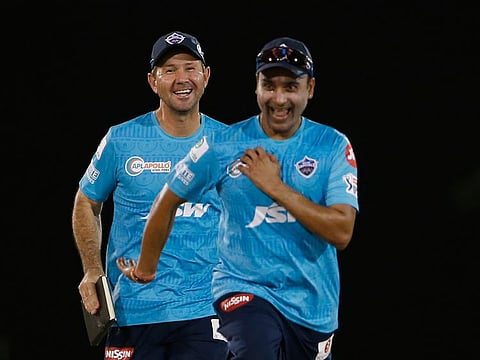 Ricky Ponting, coach of Delhi Capitals, enjoy a lighter moment with veteran legn spinner Amit Mishra at a training session in Dubai during IPL 2020.