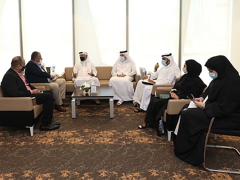 Saeed Hareb, General Secretary of Dubai Sports Council, and Nasser Aman Al Rahma, Assistant General Secretary, discuss mutual cooperation with Ranjit Barthakur, Chairman of Indian Premier League team Rajasthan Royals, and Rajeev Khanna, Vice President Operations, at Rajasthan Royals, during the latter’s visit to the Council.