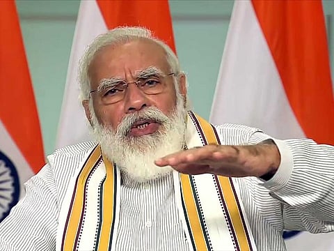 Indian Prime Minister Narendra Modi addresses during a conclave on “School Education in 21st Century” under the National Education Policy- 2020 (NEP-2020), through video conferencing, in New Delhi on September 11, 2020.