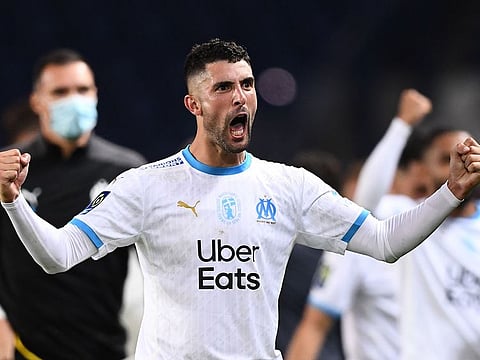 Marseille's Spanish defender Alvaro Gonzalez celebrates.