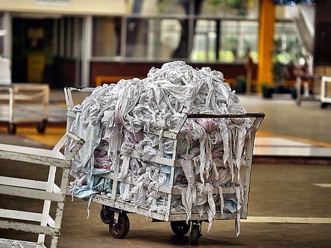 View of clean clothes in the laundry room of the Mexican Institute of Social Security (IMSS), in Mexico City on September 10, 2020 amid the COVID-19 coronavirus pandemic.