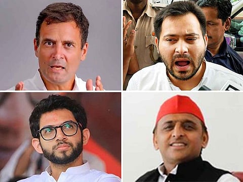 Clockwise from top left: Rahul Gandhi, Tejaswi Yadav, Akhilesh Yadav and Aditya Thackeray