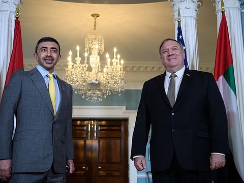 UAE Minister for Foreign Affairs Sheikh Abdullah bin Zayed Al Nahyan with US Secretary of State Mike Pompeo in Washington on September 16.
