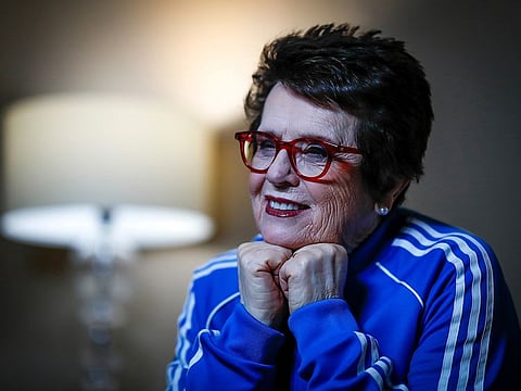 Billy Jean King is seen during an interview behind the scenes of Fed Cup Finals 2020