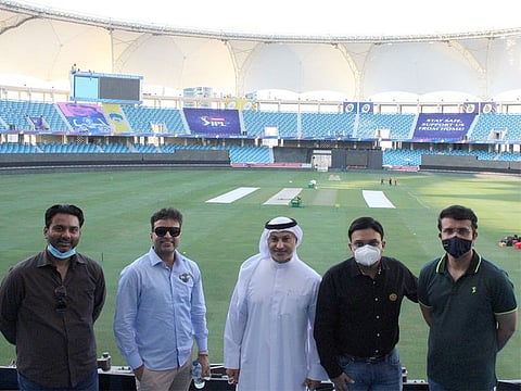 Vice Chairman of Emirates Cricket Board, Khalid Al Zarooni (centre), with Jay Shah and Saurav Ganguly.