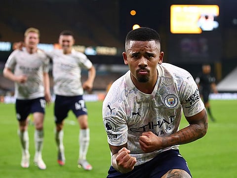 Manchester City's Gabriel Jesus celebrates scoring their third goal.