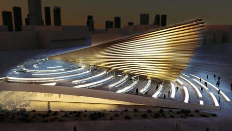 The UK Pavilion has been conceived as a meeting point — a place of collective thinking and action. At its heart is the Choral Space — illuminated by glowing words donated by visitors.