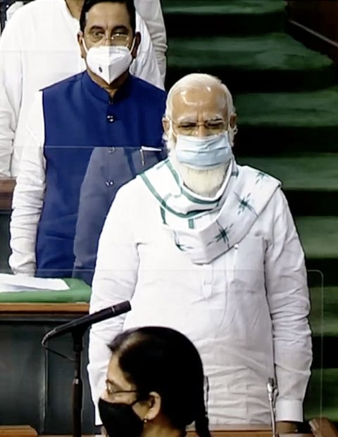 India's Prime Minister Narendra Modi in Lok Sabha during the Monsoon Session of Parliament, in New Delhi